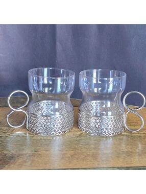 Iittala Tsaikka Finland Glogg Tea Coffee Glasses Silver Handle Timo Sarpaneva x2